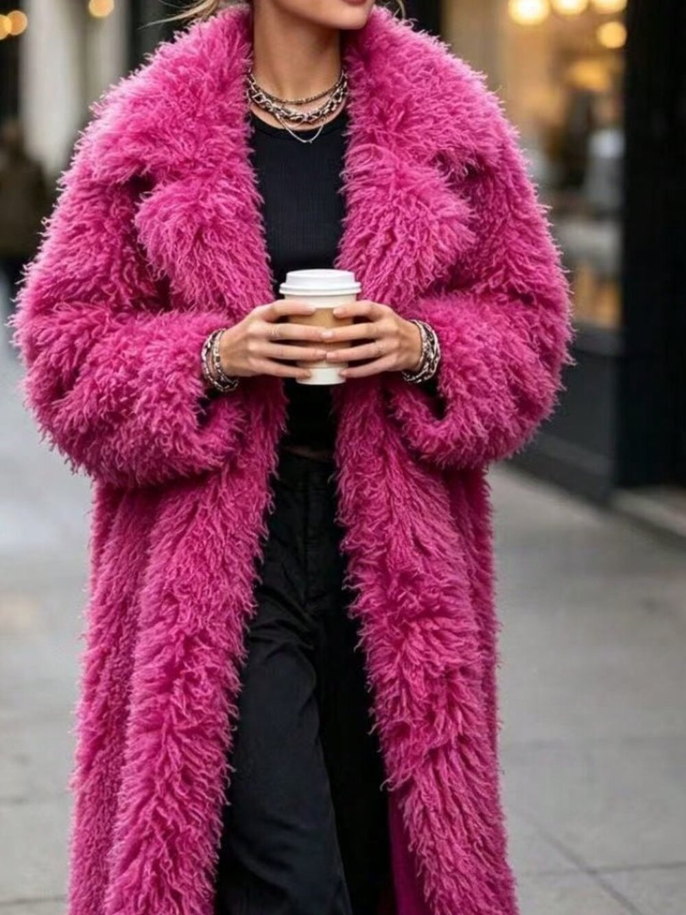 Hot Pink Casual Women's Faux Fur Coat - Picture 6 of 6